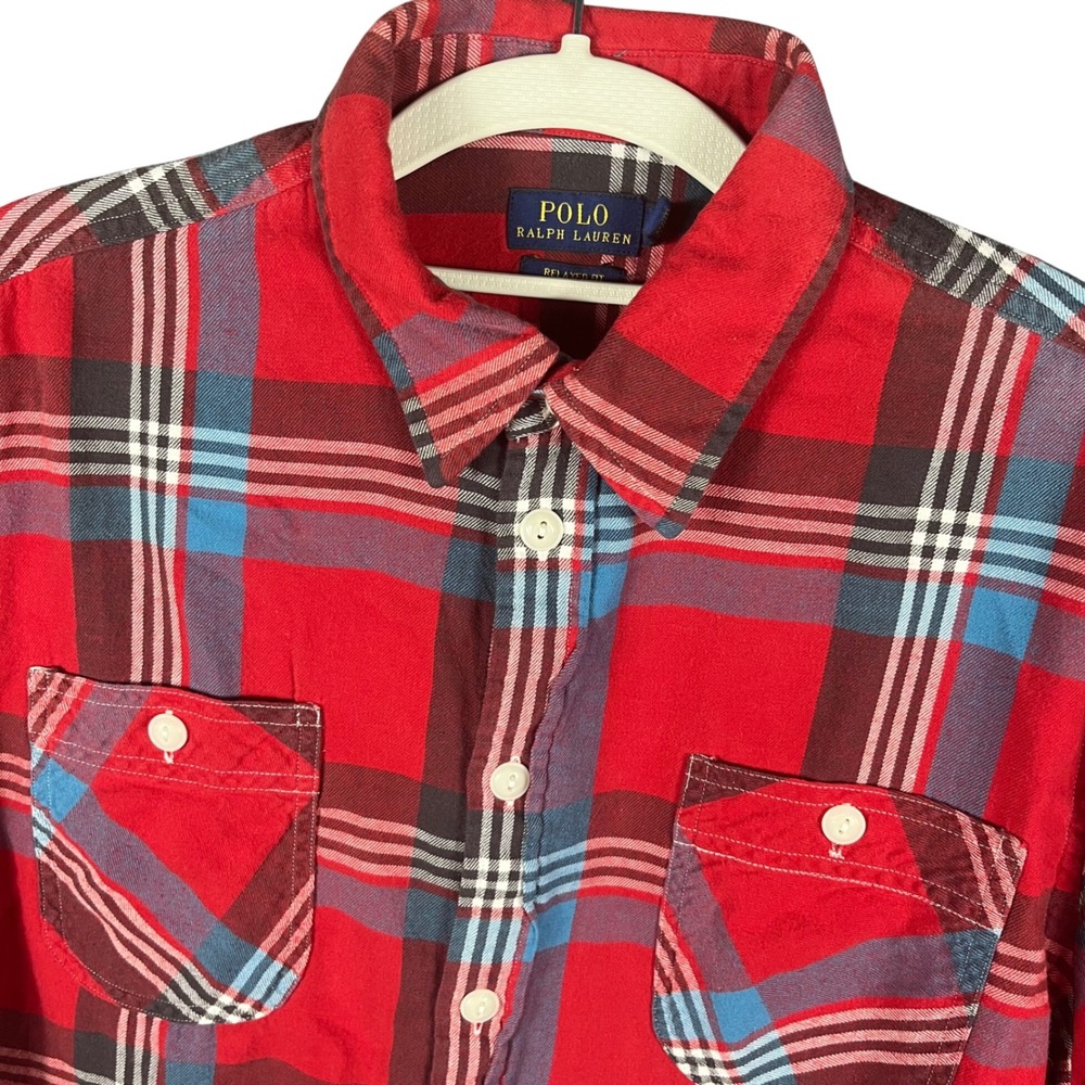 Polo Ralph Lauren Flannel Mens L Red Plaid Relaxed Fit Cotton Long SleevE
